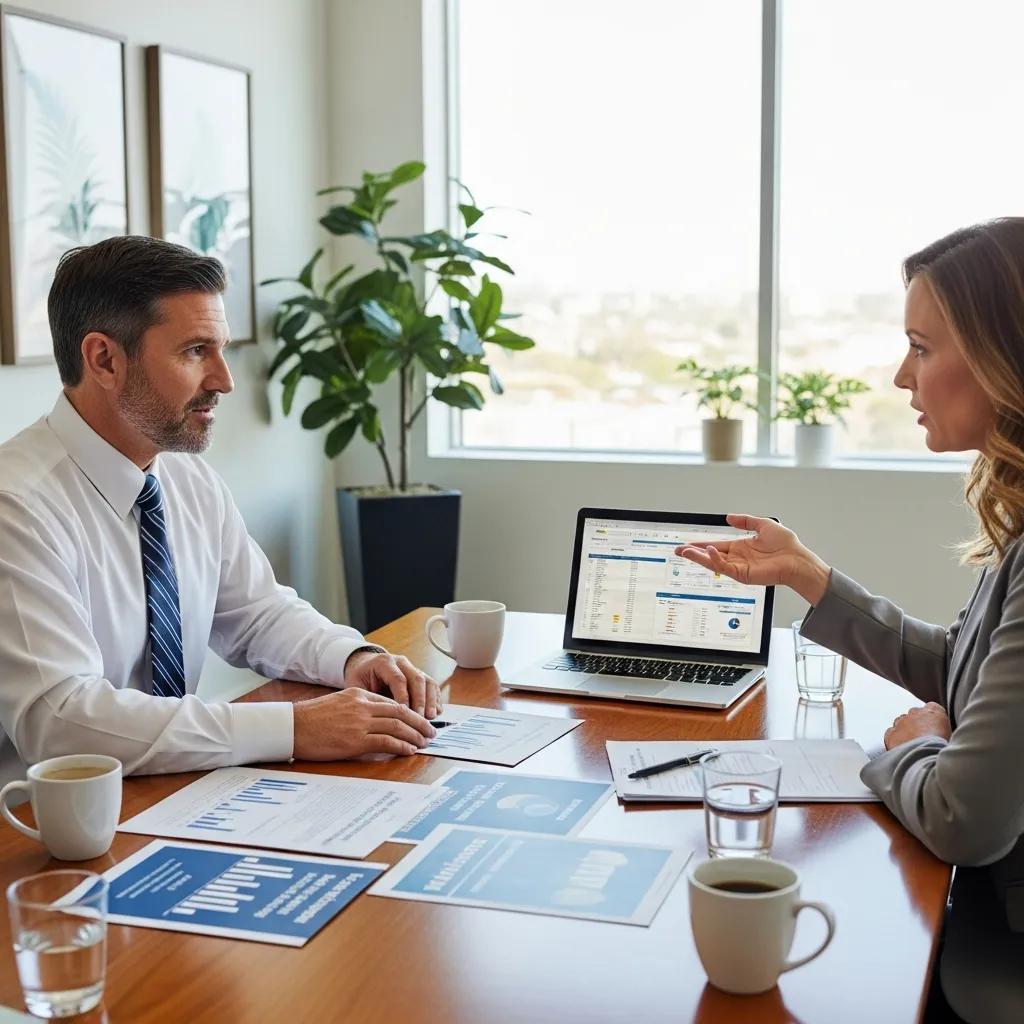 Employer discussing employee benefits strategies with a financial advisor in an office
