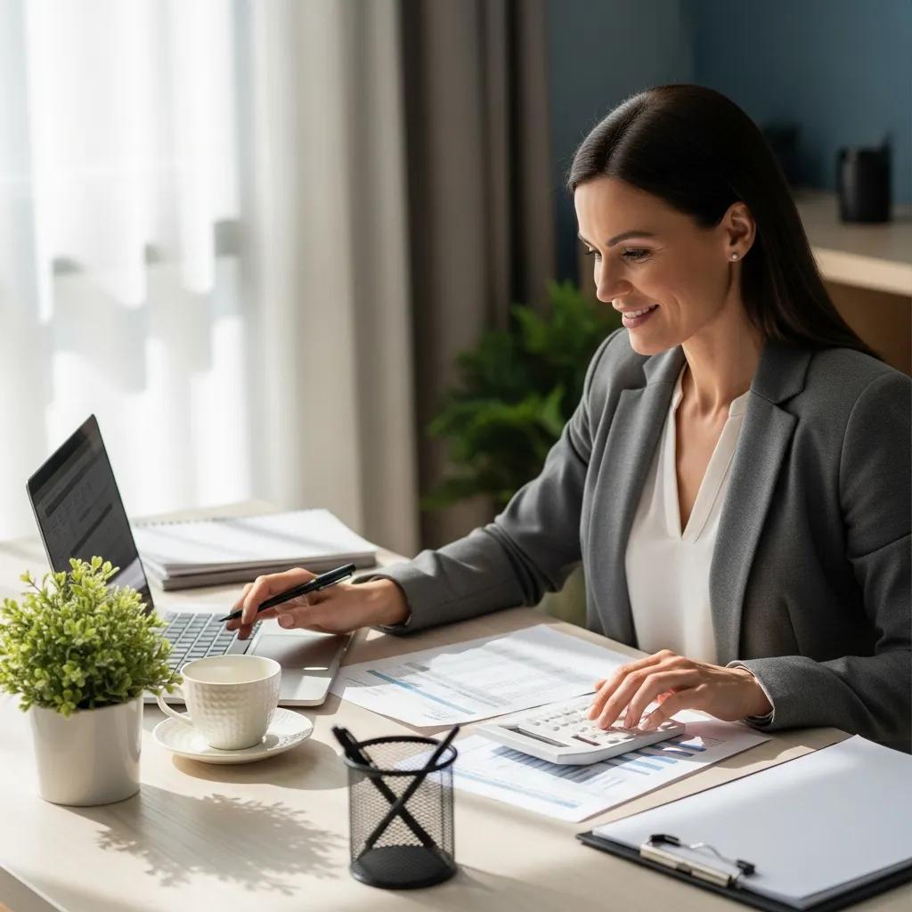 Employer reviewing financial documents and calculating costs in a bright office