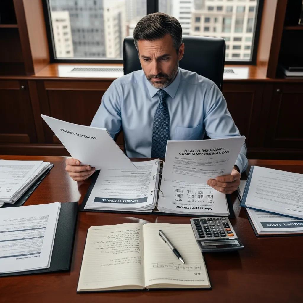 Employer reviewing health insurance compliance documents in an office