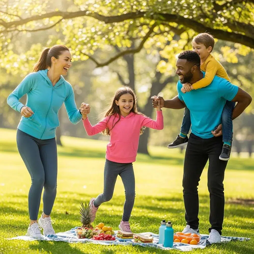 Family enjoying outdoor activities representing health and wellness benefits