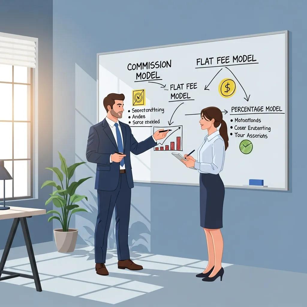 Financial advisor explaining commission, flat fee, and percentage pricing models to a small business owner