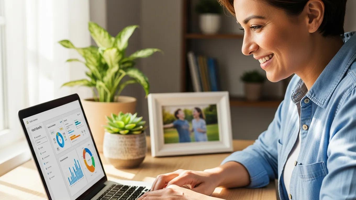 Happy employee reviewing health benefits on a laptop in a personalized workspace