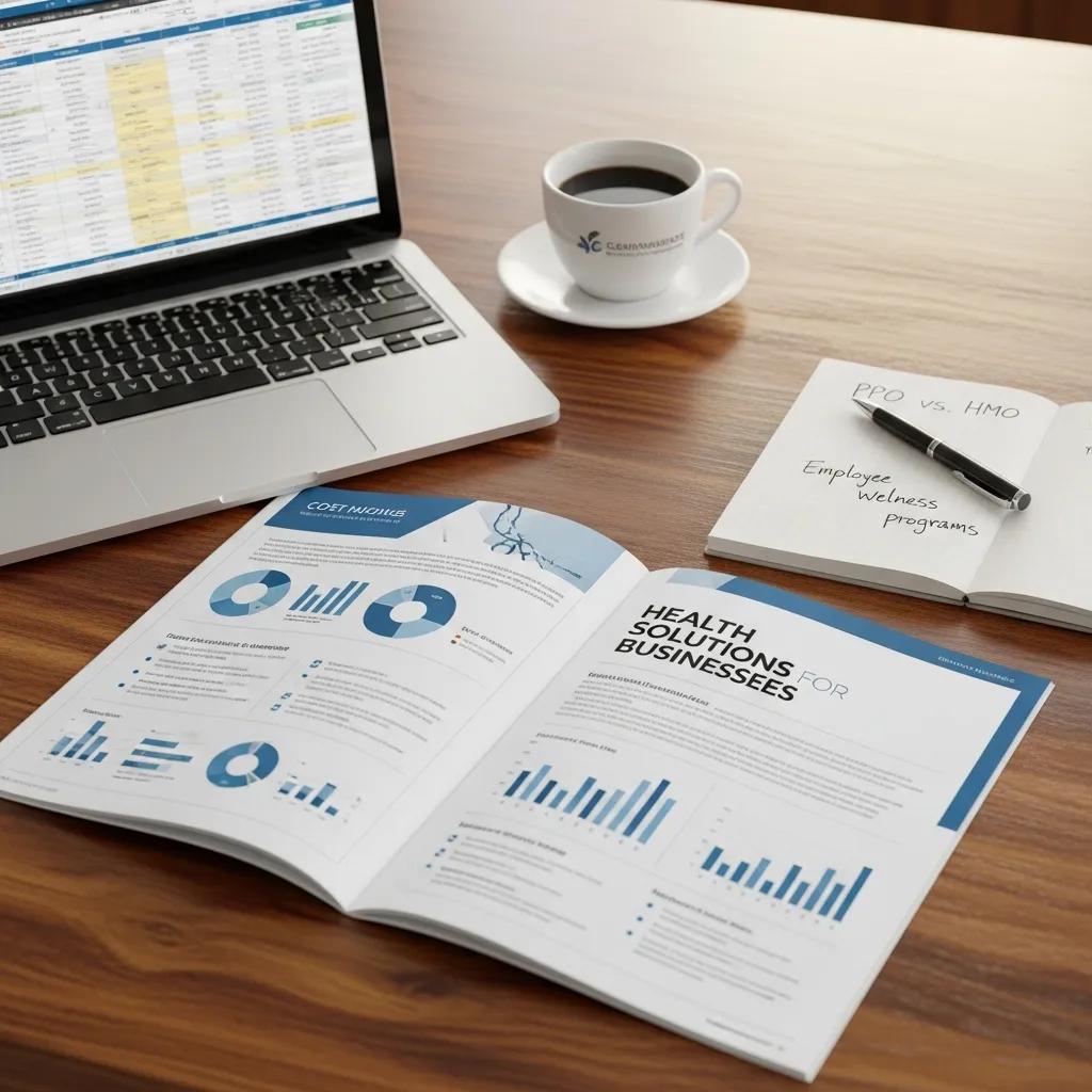 Health insurance brochures and planning materials on a desk illustrating group health insurance options for