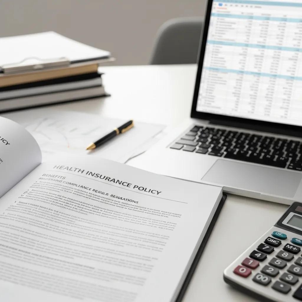 Health insurance policy document and calculator representing benefits compliance