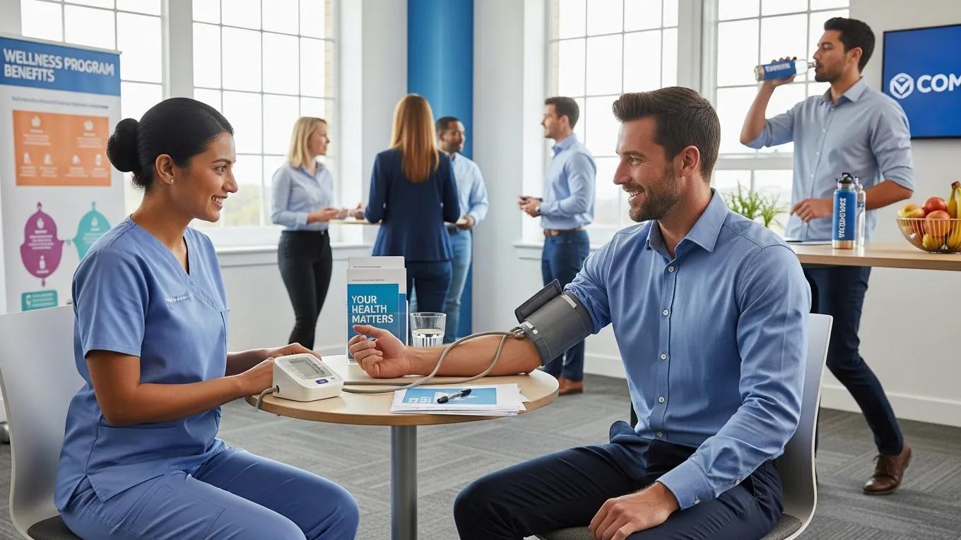 Health screening event in a corporate wellness program with a nurse and employee