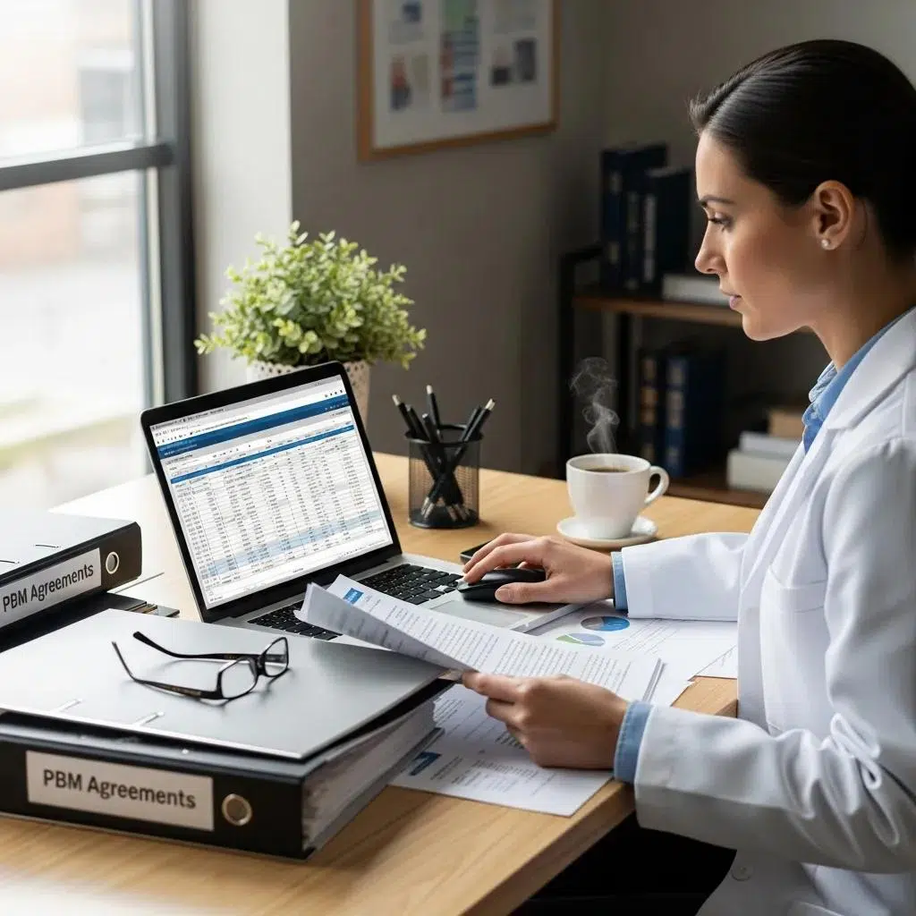 Healthcare professional analyzing Pharmacy Benefit Manager contracts on a laptop in a modern office, surrounded by PBM agreements and documents.