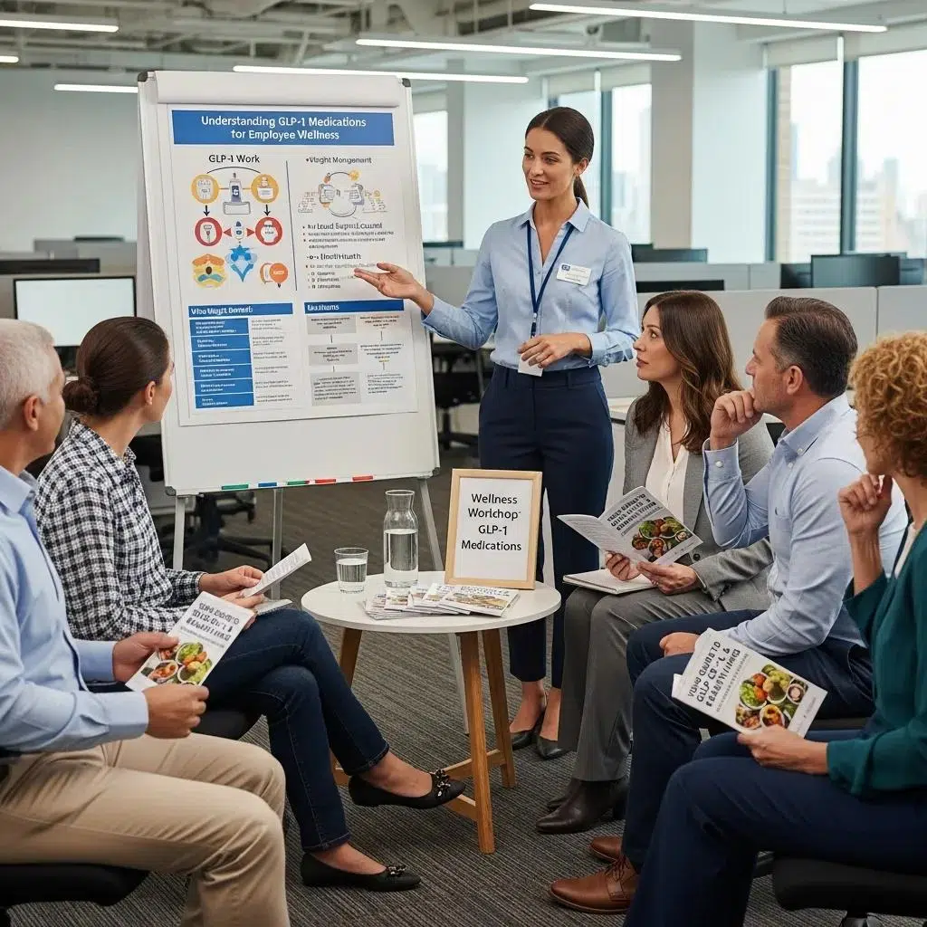 Healthcare professional explaining GLP-1 medication benefits to employees in an office