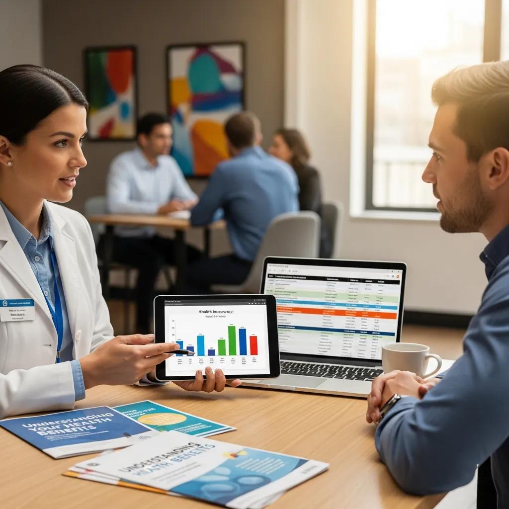 Healthcare professional explaining health insurance options to an employee in an office