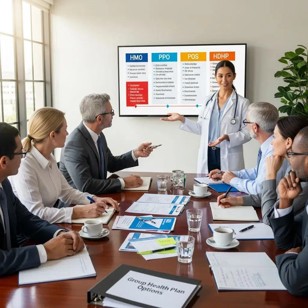 Healthcare professional presenting group health plan options to business owners in a conference room