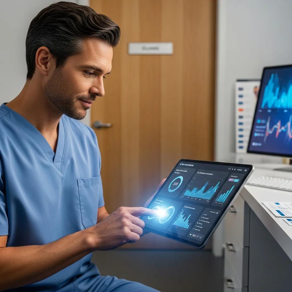 Healthcare professional analyzing AI-driven benefits analytics on tablet in clinical setting.
