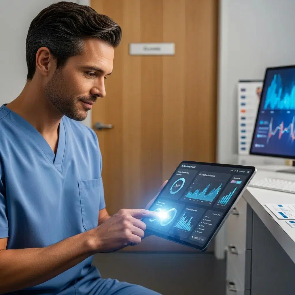 Healthcare professional using AI-driven analytics in a clinical setting