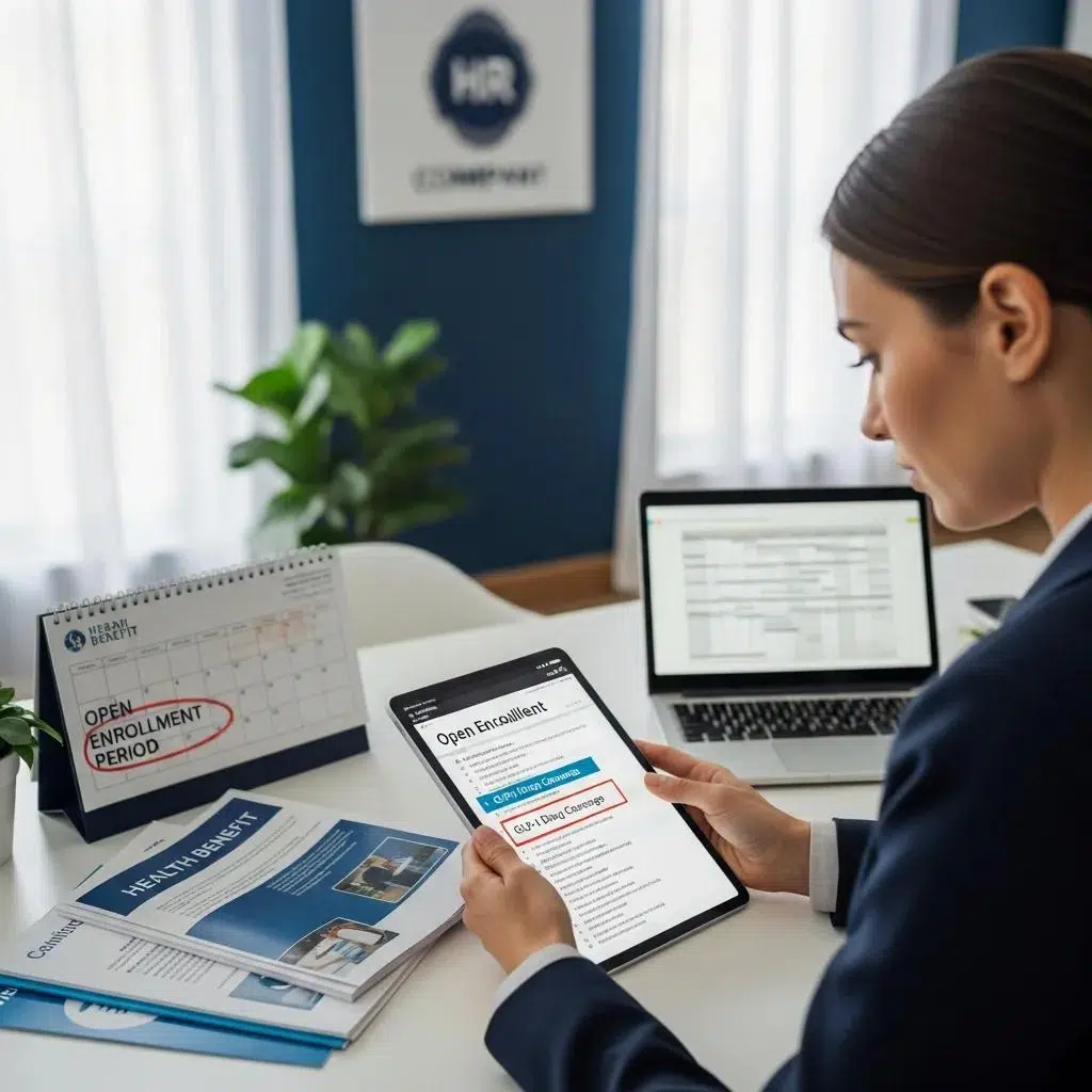 HR manager reviewing open enrollment checklist for GLP-1 coverage in a professional workspace