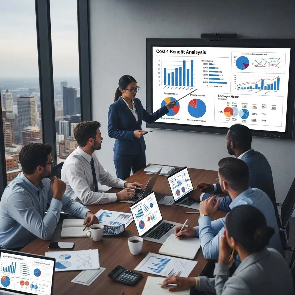 HR managers analyzing cost-benefit charts for GLP-1 drug coverage in a business meeting