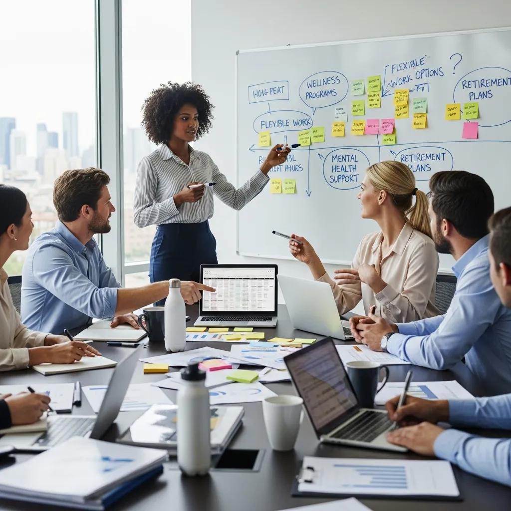 HR professionals brainstorming employee benefits strategies in a team meeting