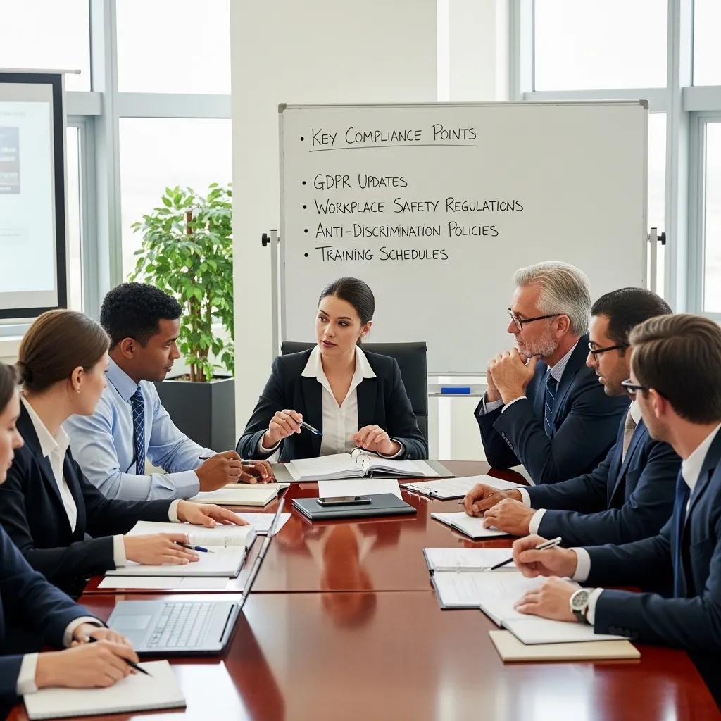 HR professionals discussing compliance requirements in a conference room