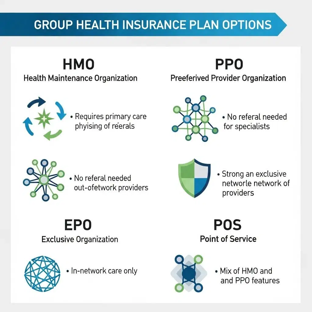 Illustration of various group health insurance plan types including HMOs, PPOs, EPOs, and POS plans