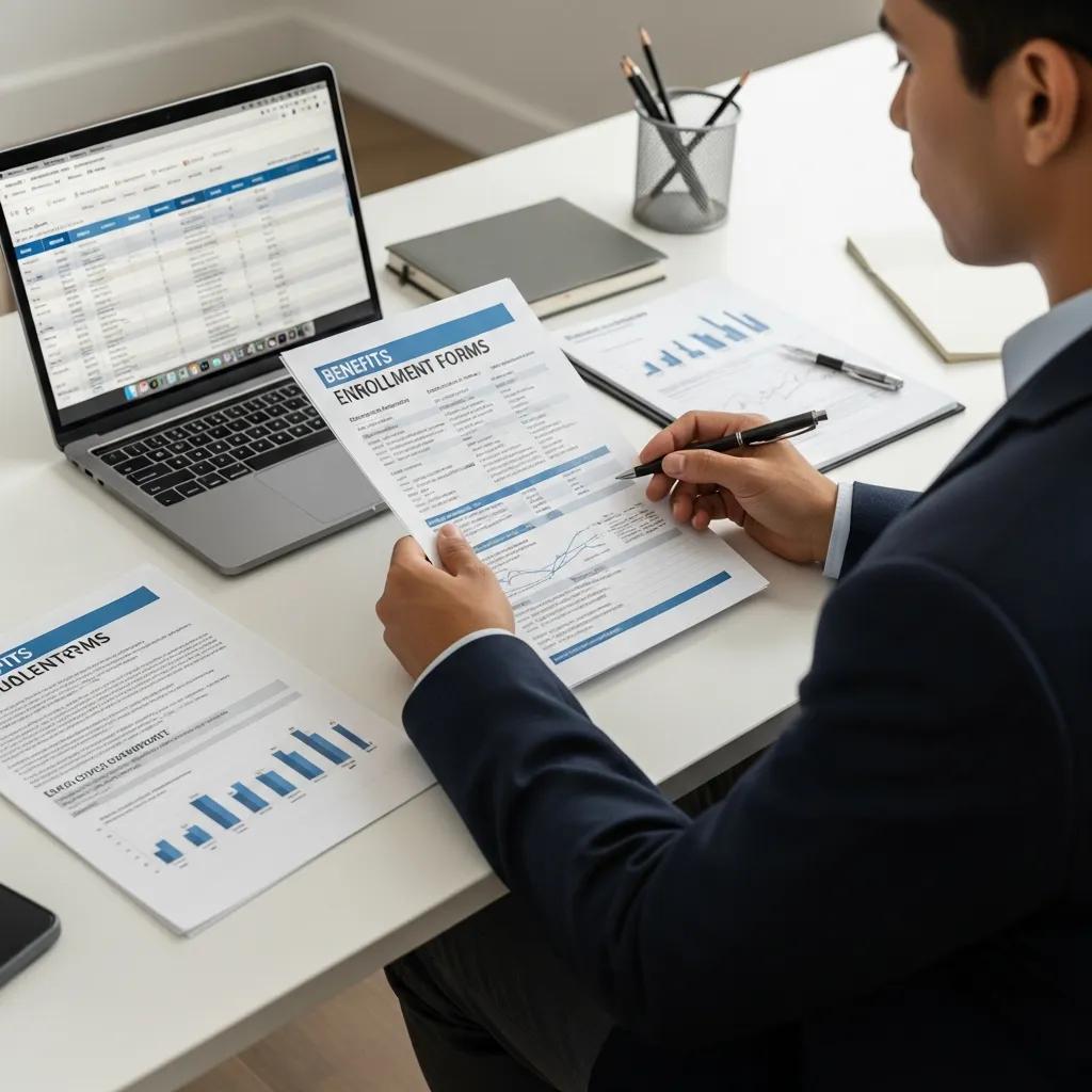 Individual preparing documents for an employee benefits consultation