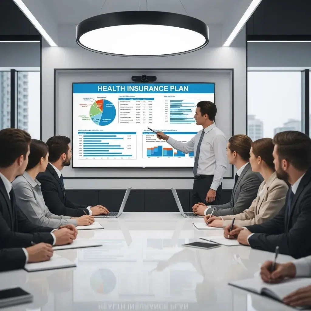 Manager presenting health insurance options to engaged employees in a conference room