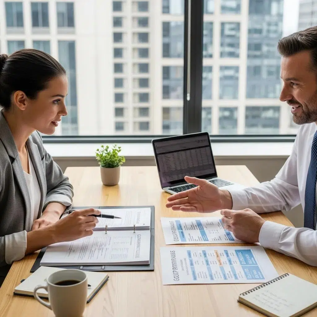 Small business owner consulting about group health insurance premiums