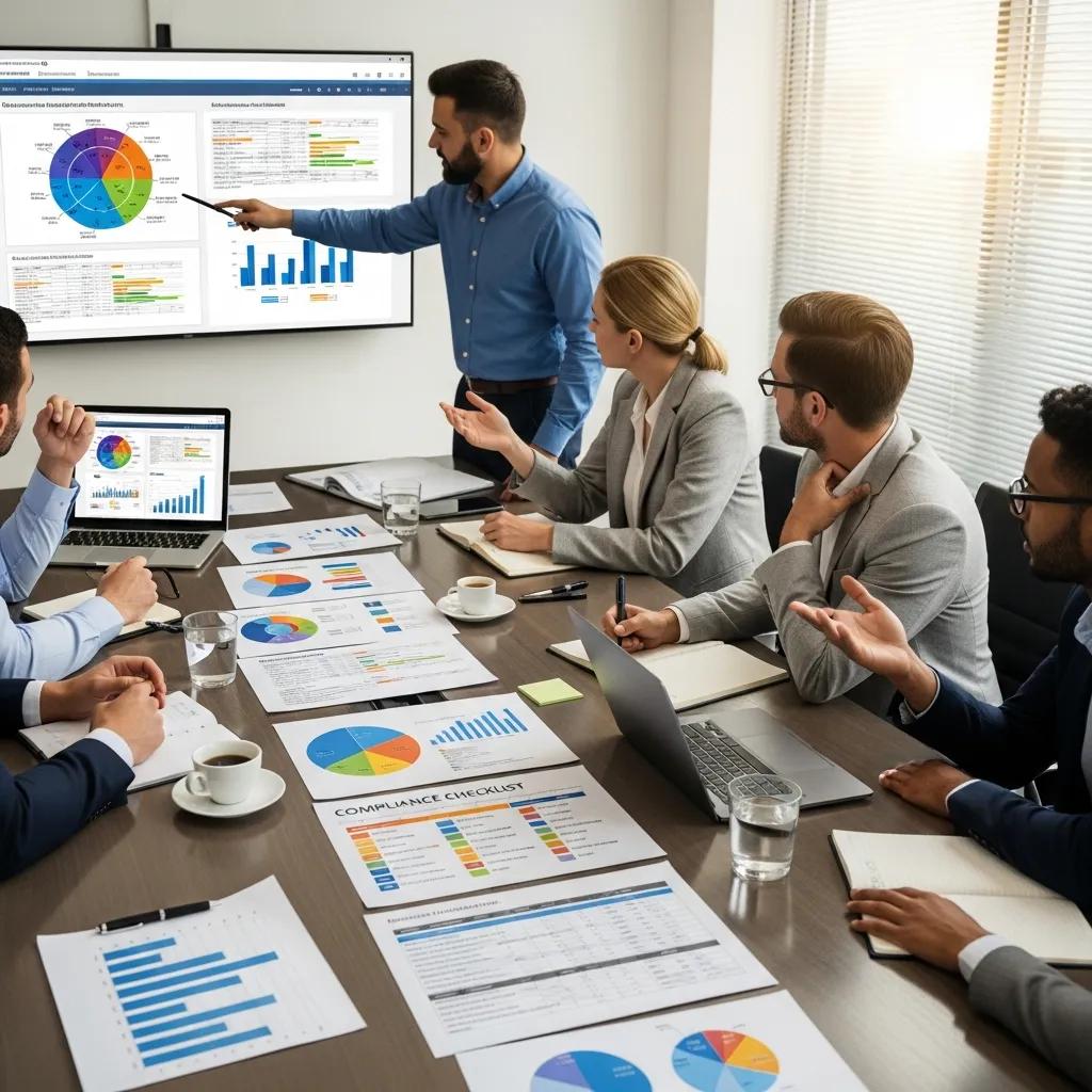 Team conducting a risk assessment meeting with compliance checklists