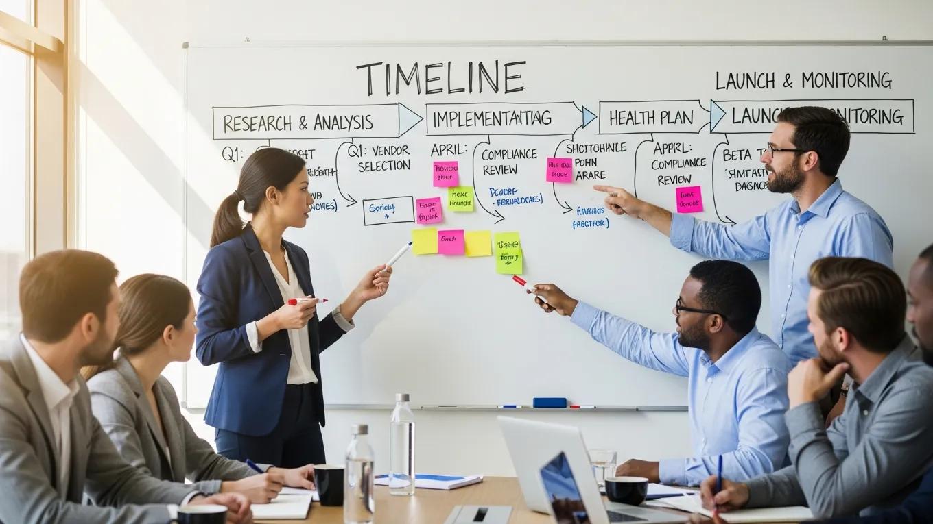 Team discussing implementation steps for a health plan on a whiteboard