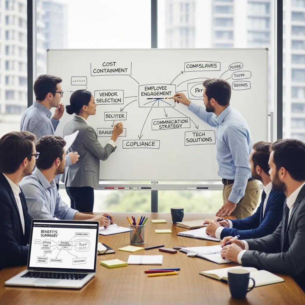 Team meeting discussing best practices for employee benefits management