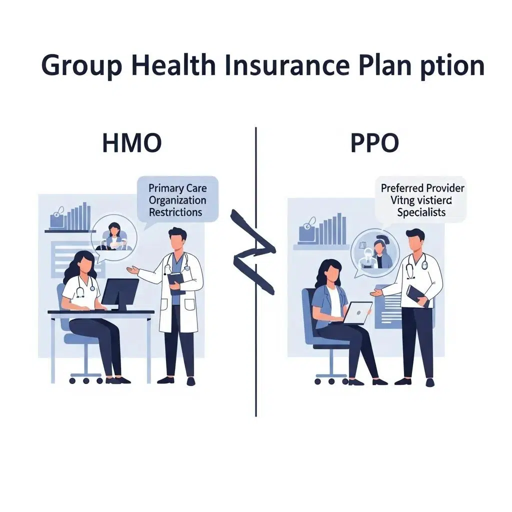 Visual comparison of HMO and PPO group health insurance plans in healthcare settings