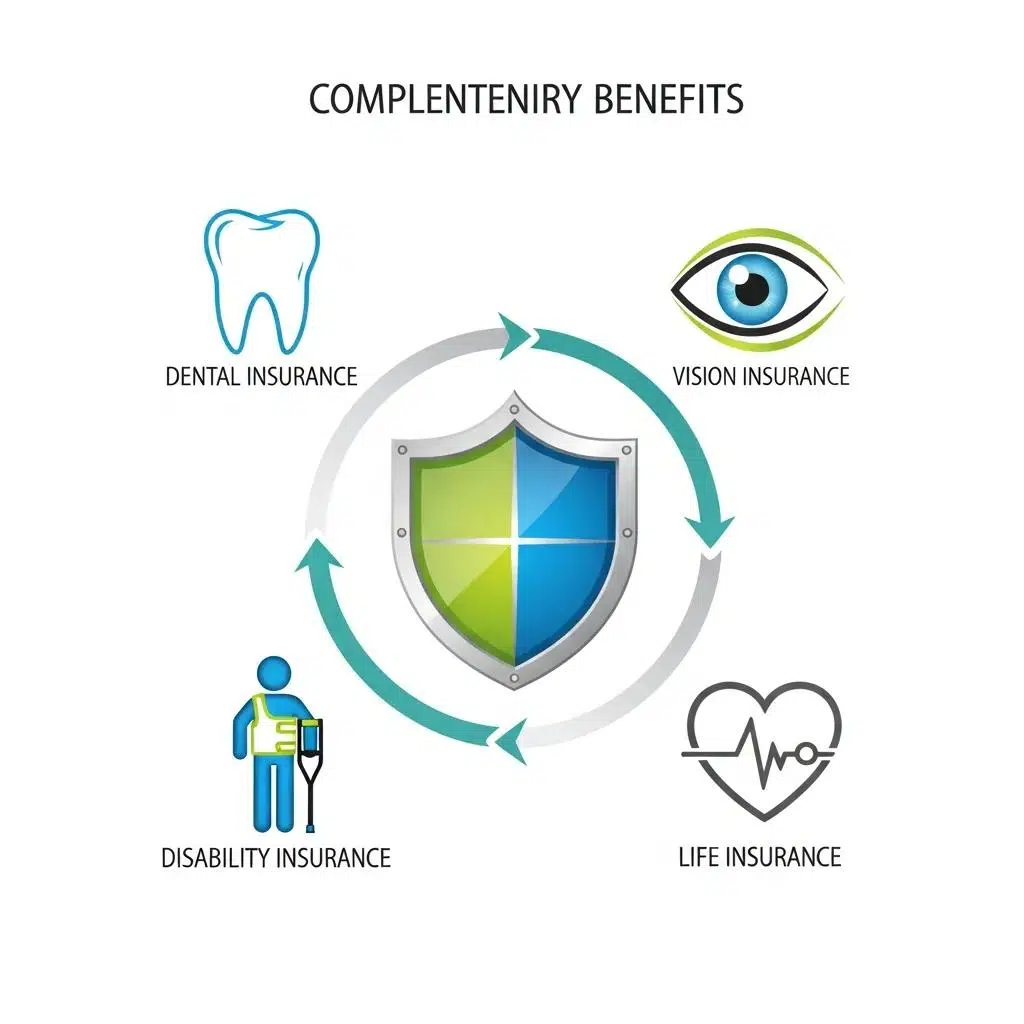 Visual representation of complementary employee benefits including dental, vision, disability, and life insurance
