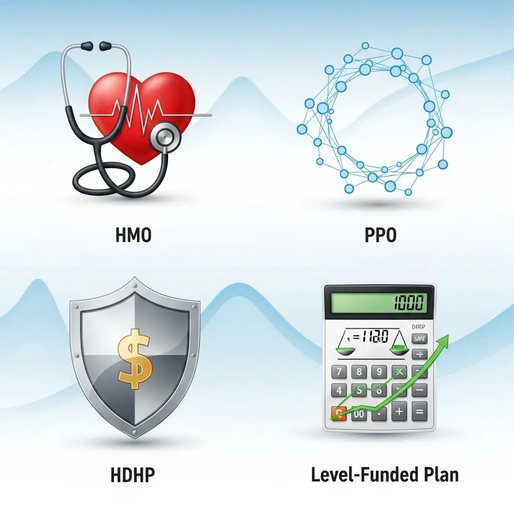 Visual representation of different health insurance plan types available for mid-market companies
