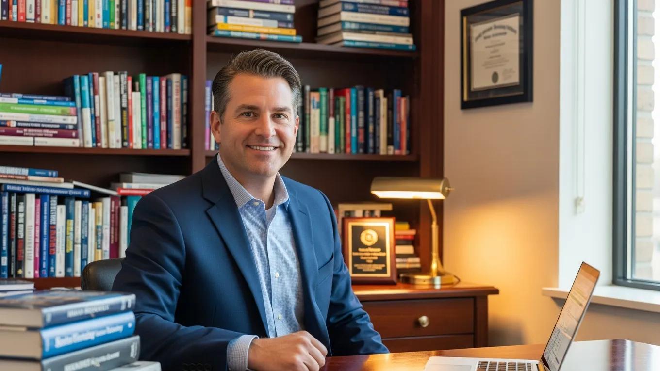 Andrew Henze, a Benton Harbor benefits expert, in his office showcasing his expertise