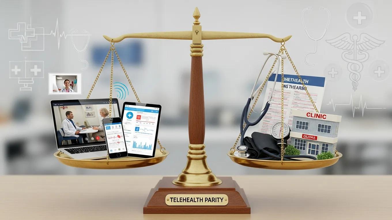 Balanced scale representing telehealth services and in-person healthcare, symbolizing telehealth parity laws