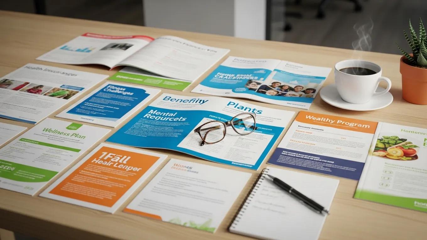 Brochures and materials for health insurance plans and wellness programs on a desk