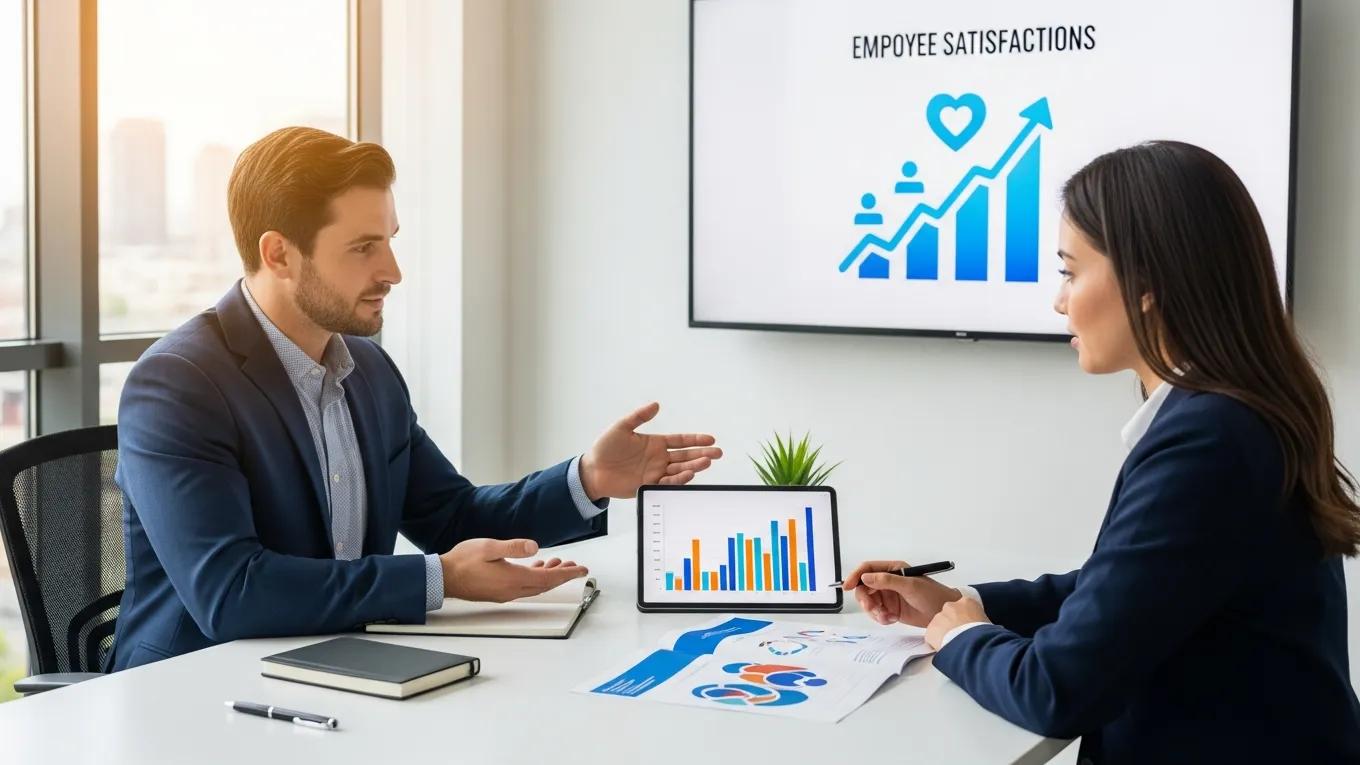 Broker presenting group health insurance options to a business owner in a modern meeting room