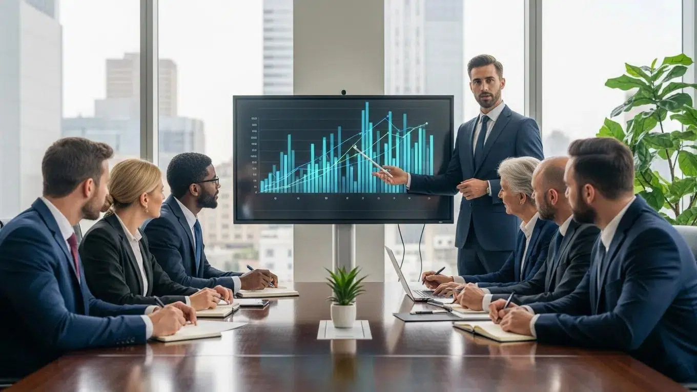 Business meeting discussing cost management strategies for employee benefits
