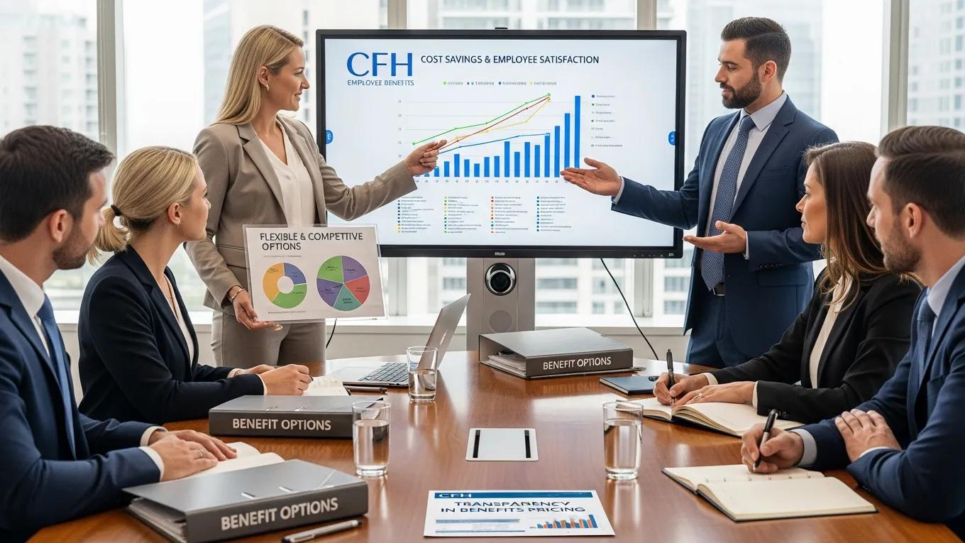 Business meeting showcasing CFH representatives presenting competitive employee benefits options