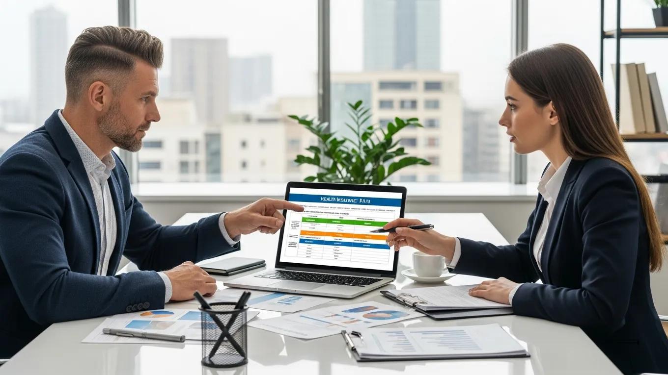 Business owner and financial advisor discussing cost management strategies for health insurance