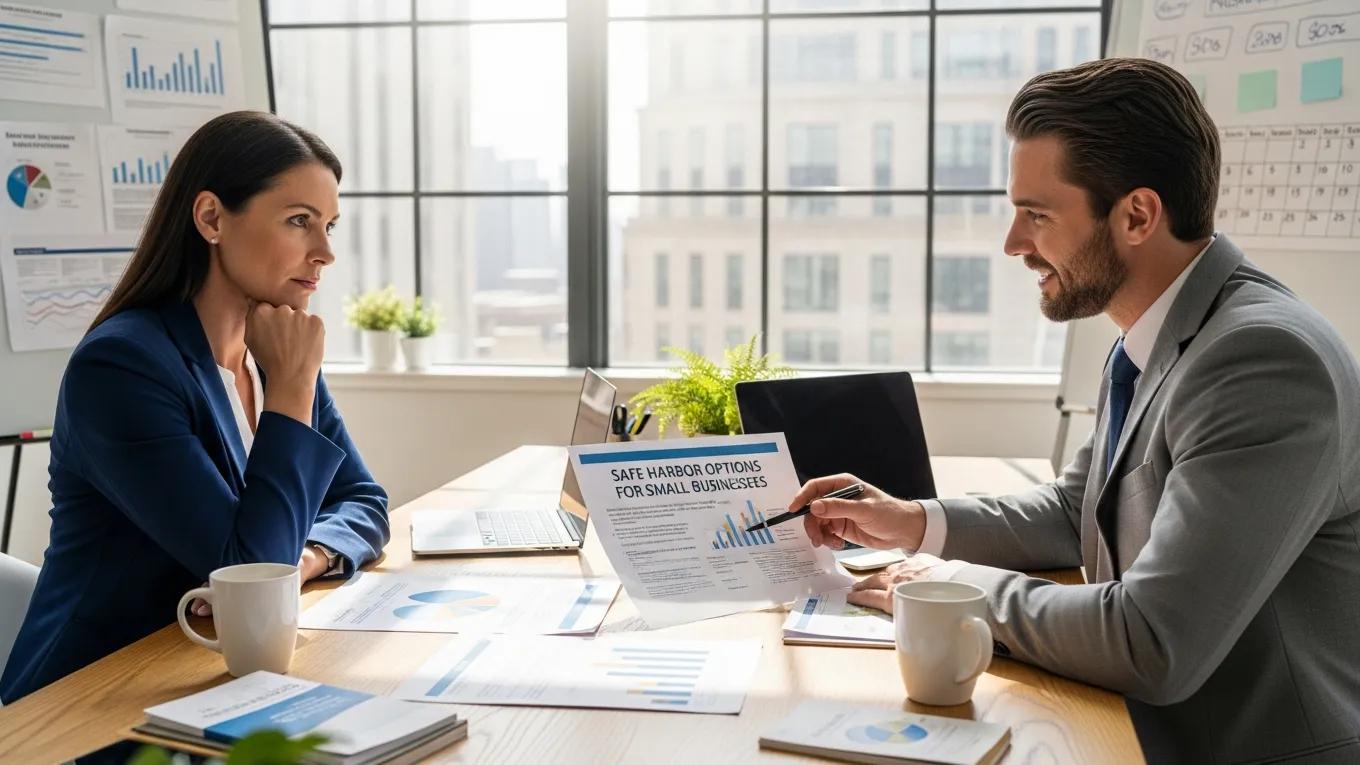 Business owner consulting with an insurance expert about ACA affordability safe harbors