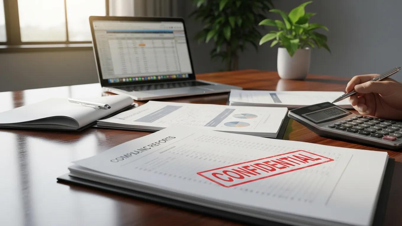 Business professional analyzing financial reports related to compliance