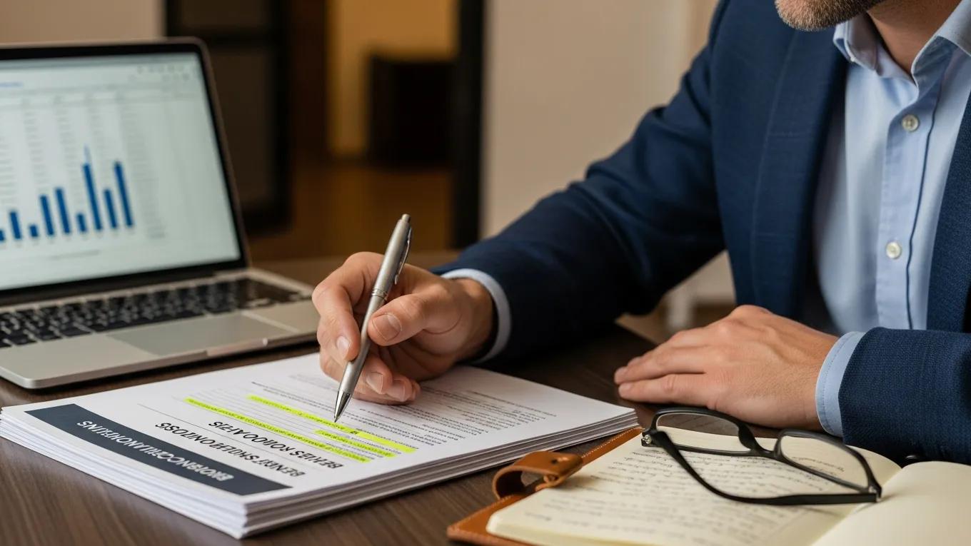 Business professional reviewing employee benefits consulting documents with a laptop and notepad