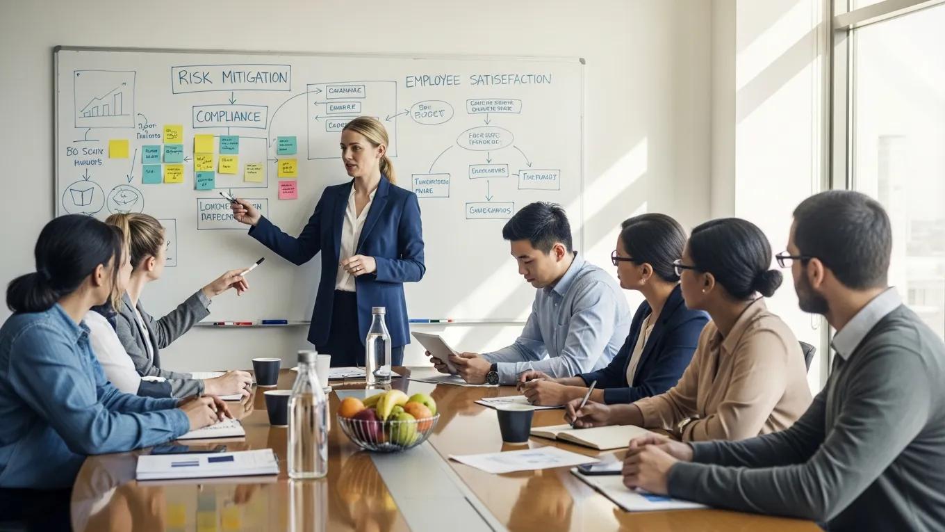 Business team brainstorming risk management strategies for employee benefits in a modern conference room