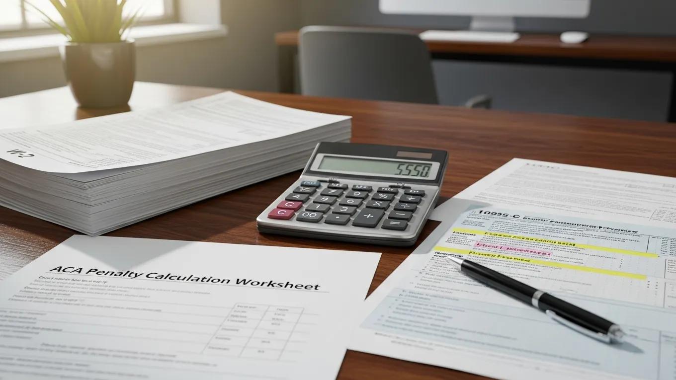Calculator and financial documents representing ACA penalty calculations
