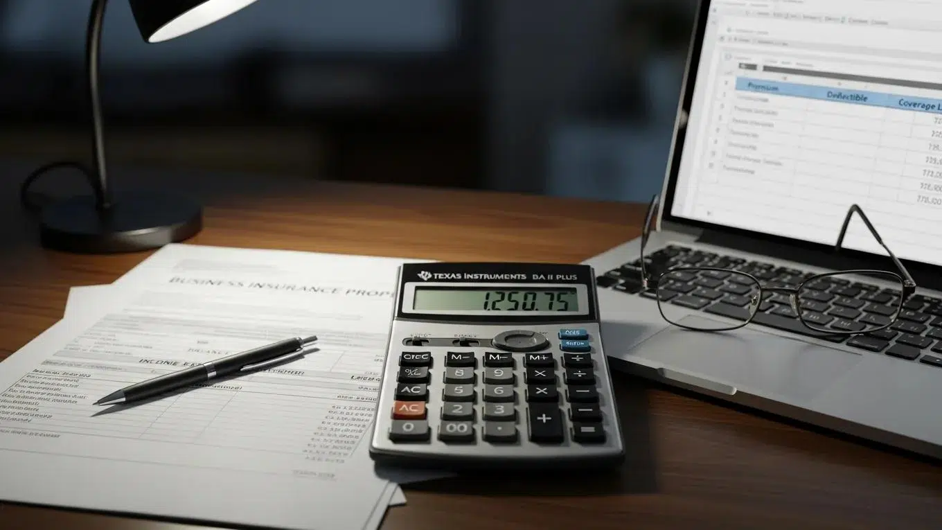 Calculator and financial documents representing business insurance cost analysis