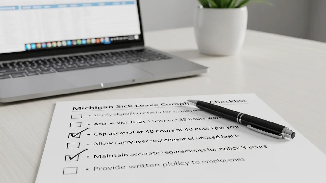 Close-up of a compliance checklist for Michigan sick leave policies on a desk