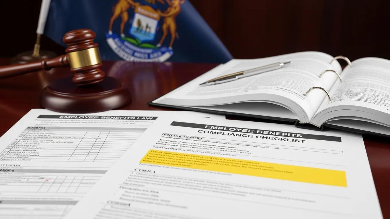 Close-up of legal documents and compliance checklists with a gavel and Michigan state flag