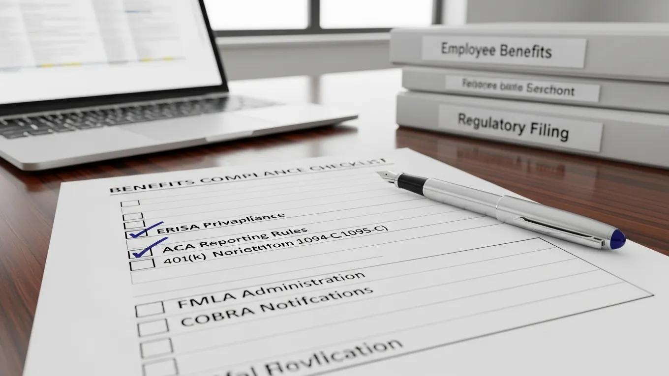 Compliance checklist for benefits systems integration on a desk in a professional office
