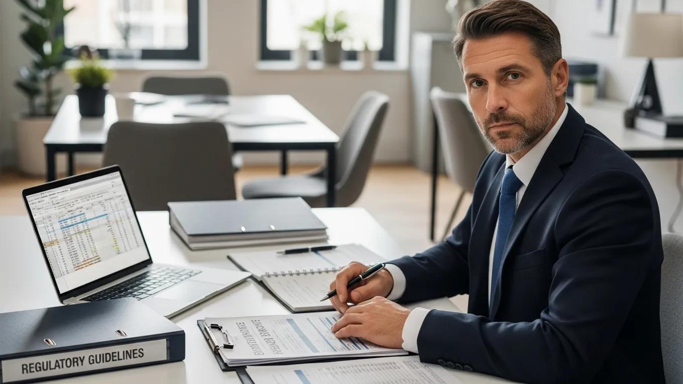 Compliance officer analyzing employee benefits documents in an office