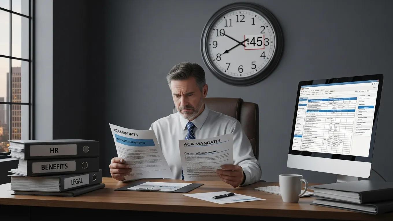 Concerned employer reviewing compliance documents for health insurance mandates