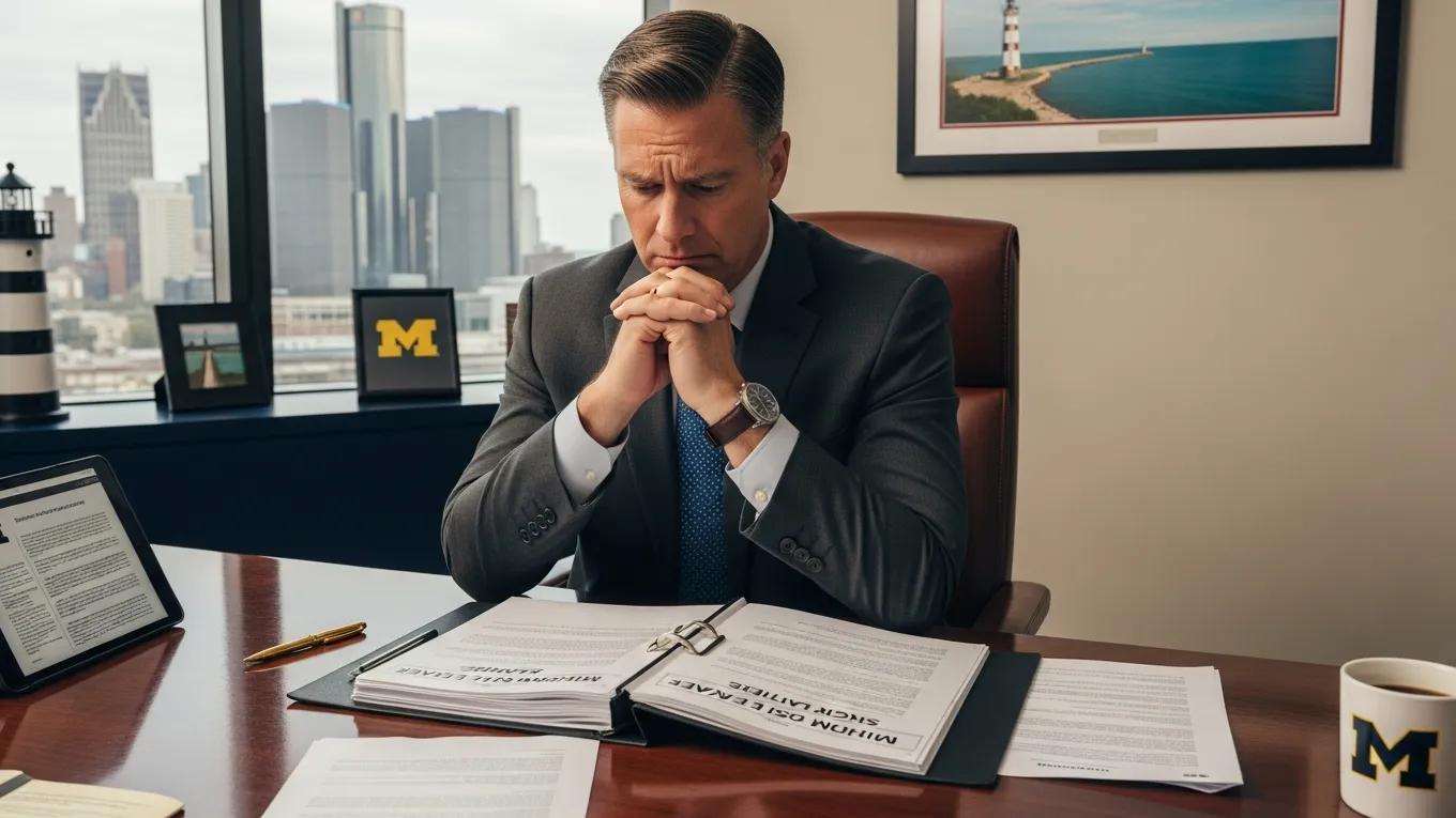 Concerned employer reviewing legal documents about sick leave penalties in a Michigan office