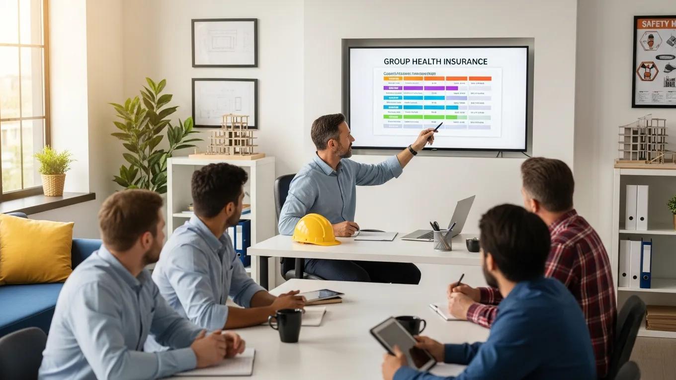 Construction manager explaining group health insurance options to employees in an office