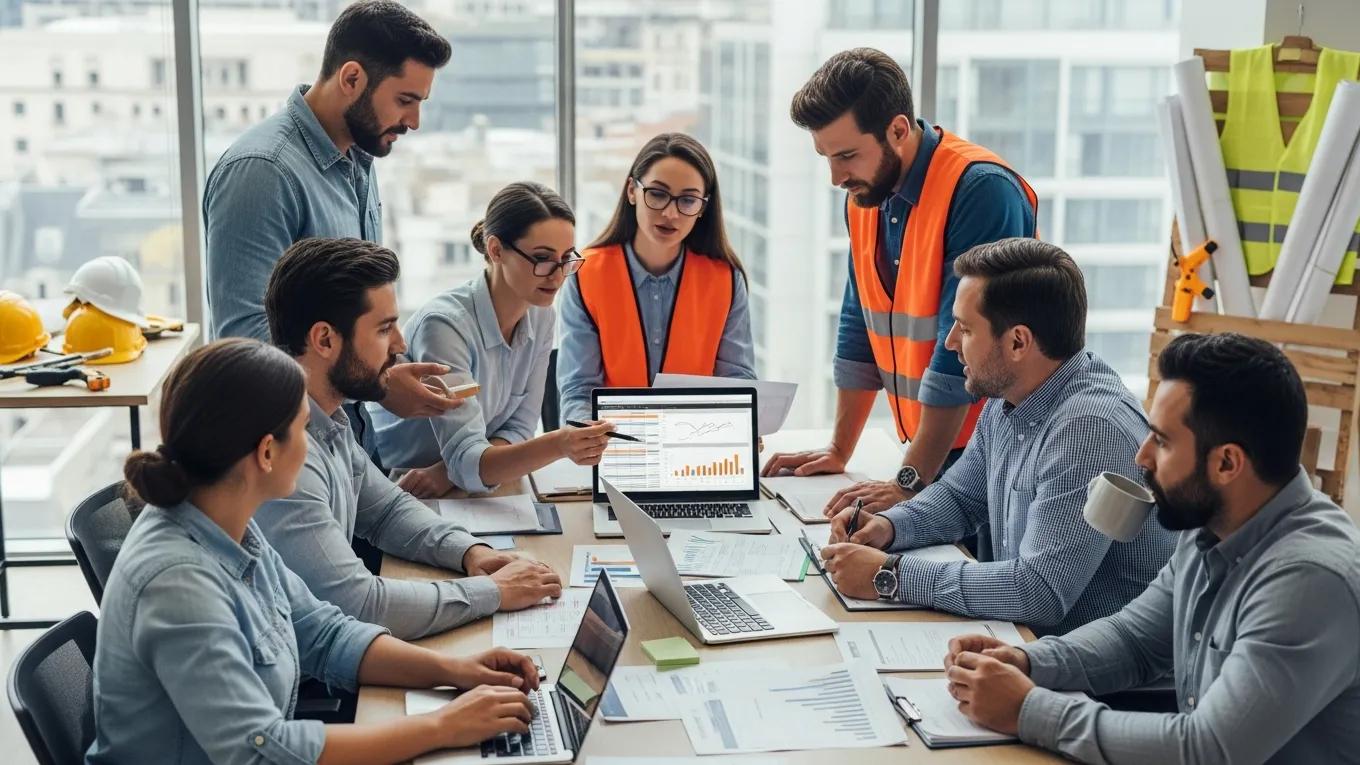 Construction team discussing flexible reimbursement arrangements in a meeting